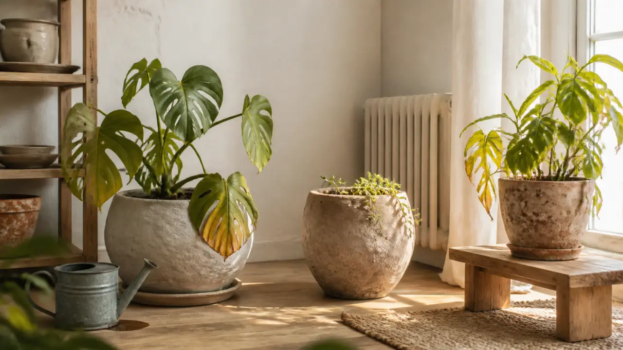 Plantes d’intérieur dans des pots artisanaux en terre cuite, baignées de lumière naturelle