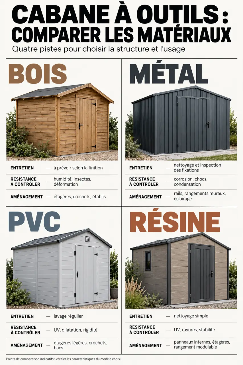 Cabane à outils de jardin : comparaison visuelle du bois, du métal, du PVC et de la résine
