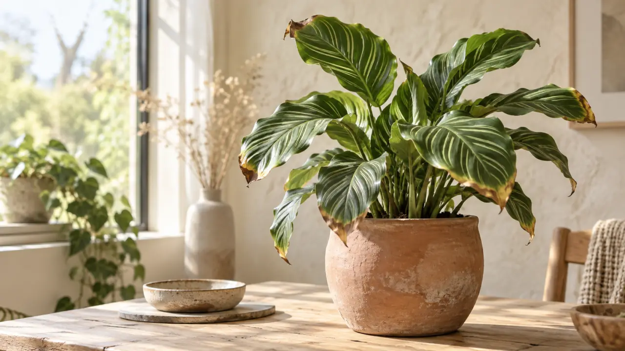 Plante d'intérieur aux feuilles légèrement brunes dans un pot en céramique artisanale