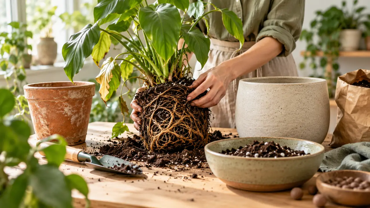 Plante verte installée dans un pot en terre cuite lors d’un rempotage