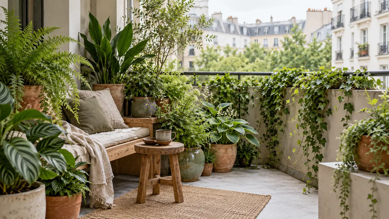 Balcon plein nord aménagé avec des plantes d'ombre et des pots en terre cuite artisanaux
