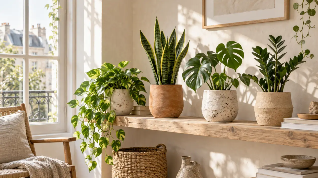 Plantes d’intérieur installées dans des pots artisanaux en terre cuite