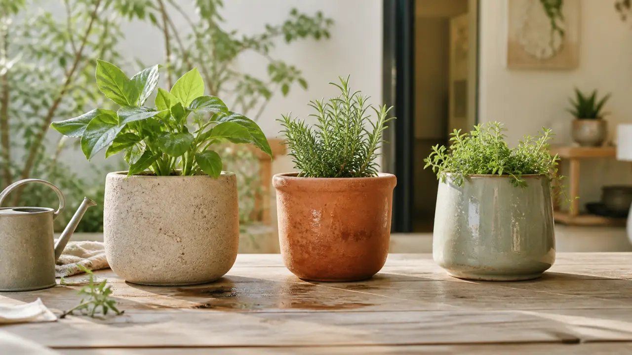 Pots en grès, terre cuite et faïence dans une ambiance naturelle et lumineuse
