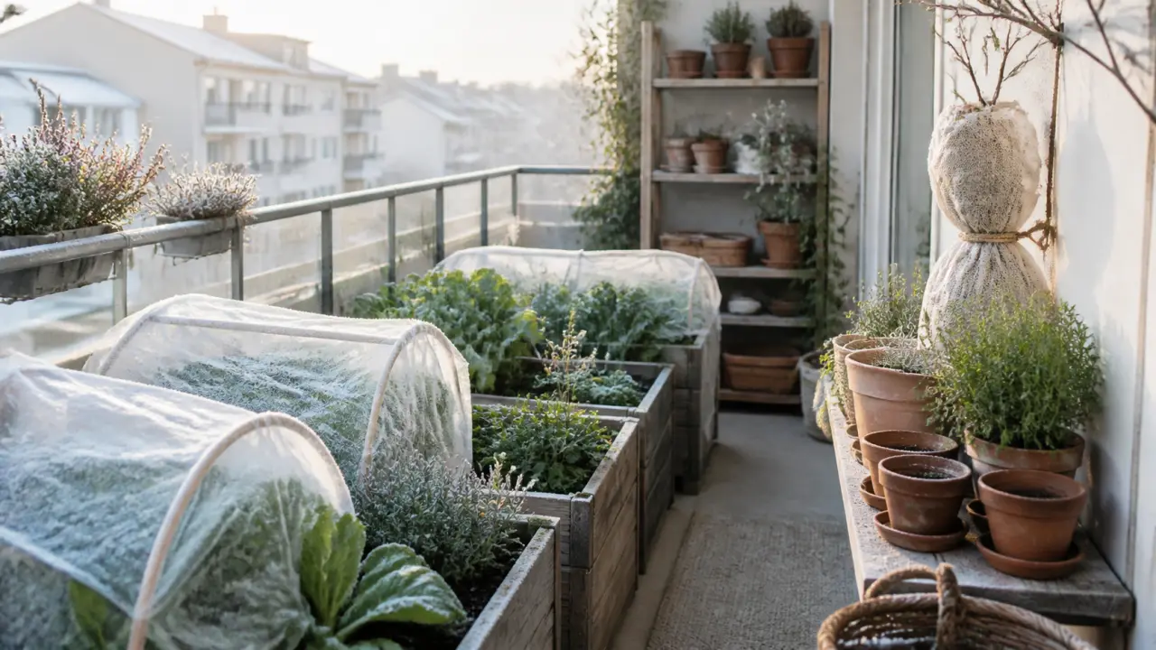 Potager de balcon protégé du froid avec voile, pots en terre cuite et paillage naturel