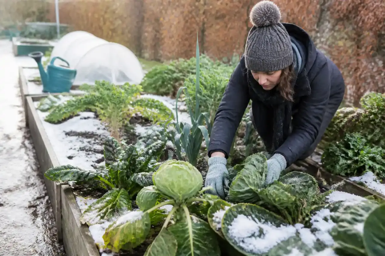Potager d’hiver protégé par un paillage naturel et des voiles de protection dans une lumière douce