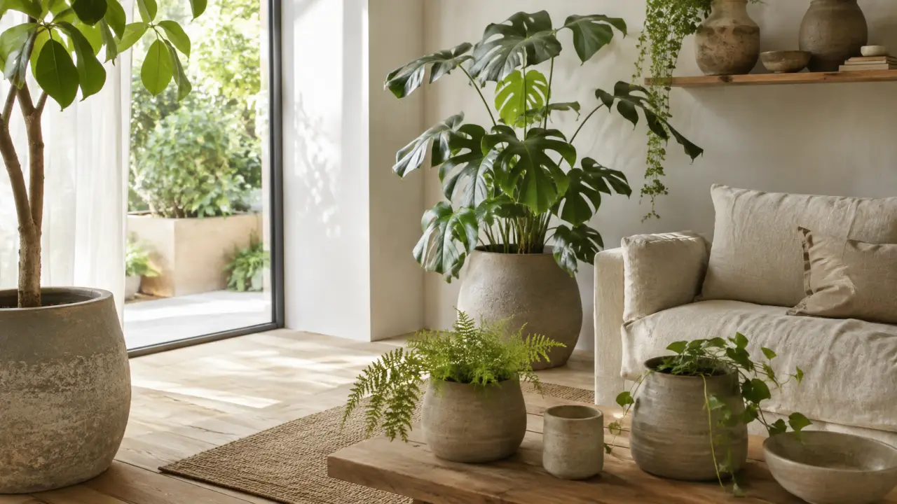 Salon lumineux végétalisé avec poteries en grès brut et plantes d’intérieur