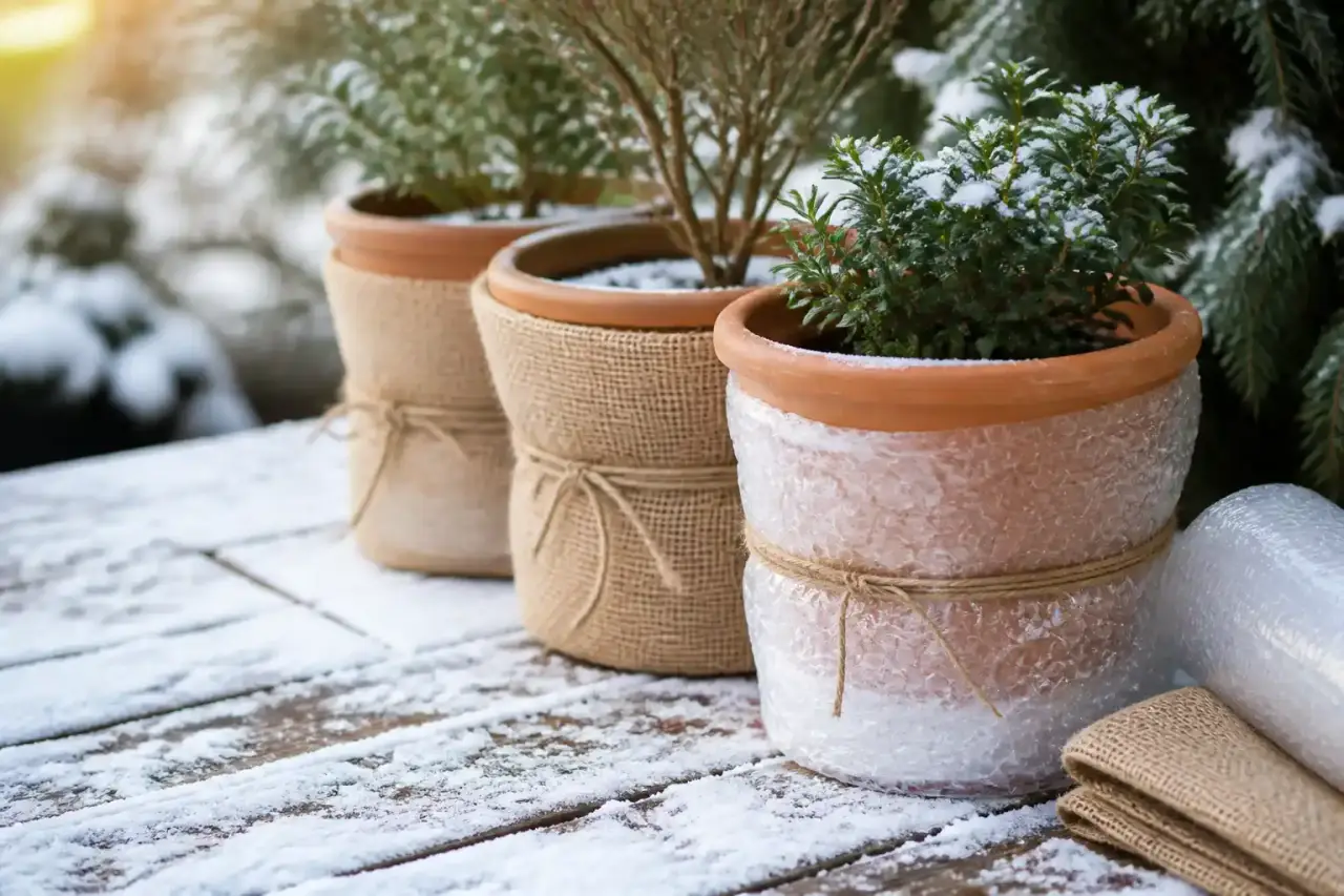 Pots en terre cuite protégés pour l’hiver dans un jardin naturel