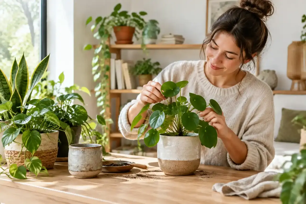 Plante d’intérieur dans un pot artisanal en terre cuite, dans un intérieur lumineux