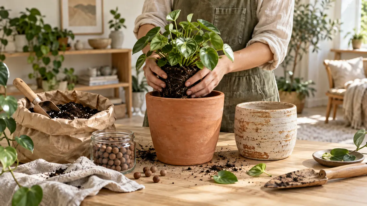 Rempotage d'une plante dans un pot artisanal avec terreau naturel