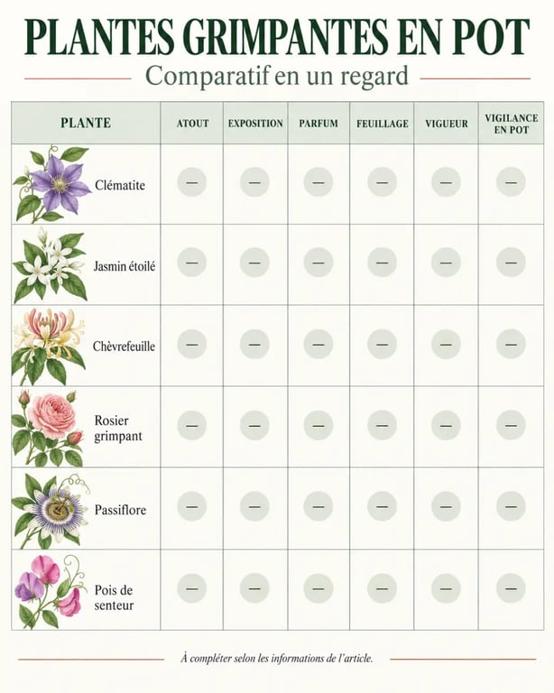Infographie comparative des plantes grimpantes en pot selon l’exposition, le parfum et la vigueur