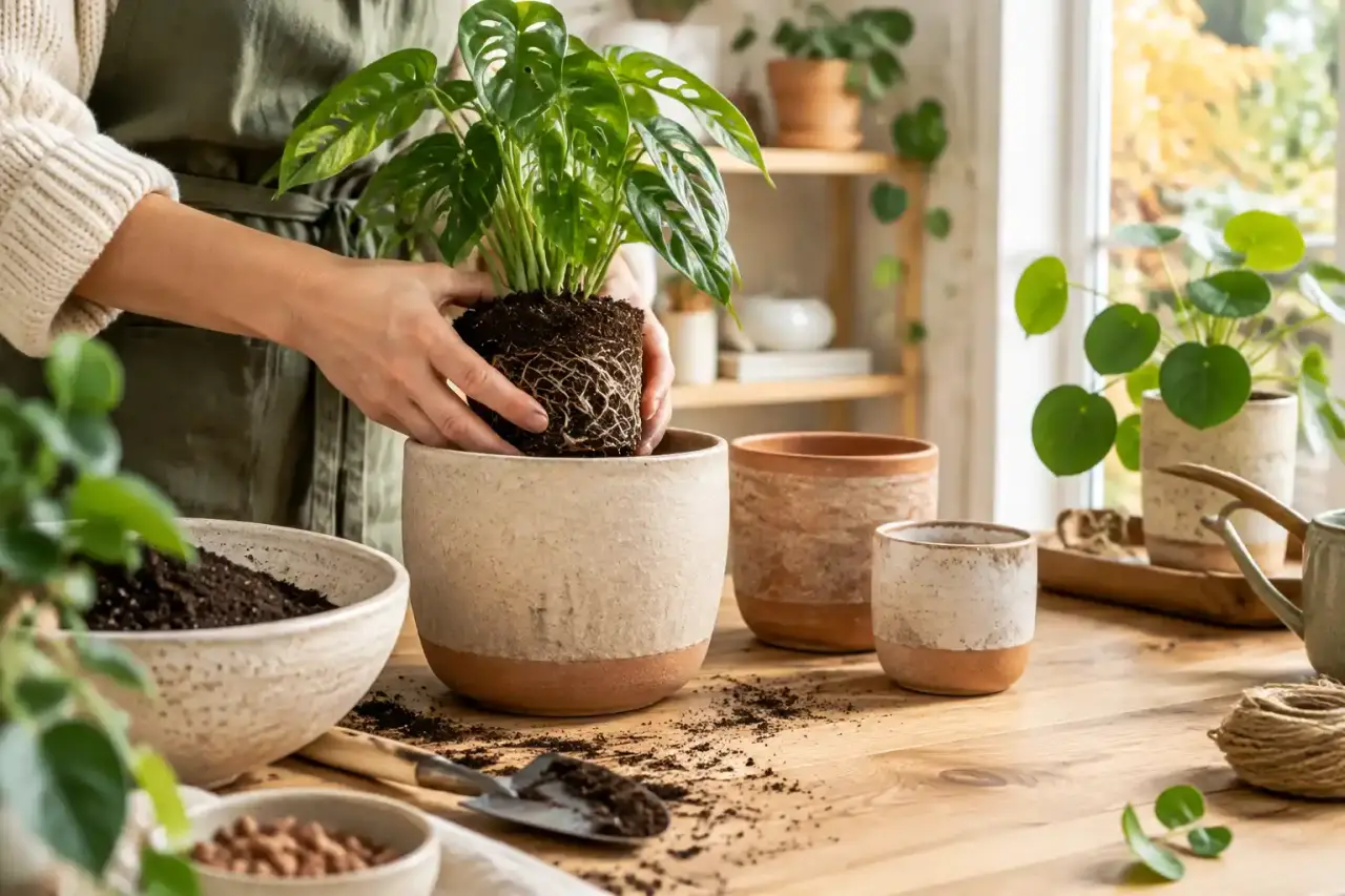 Plante verte installée dans un pot artisanal en terre cuite, près d'une fenêtre lumineuse