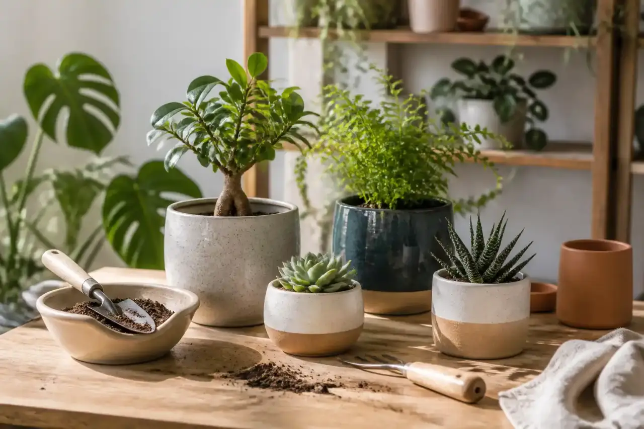 Coin vert lumineux en poterie artisanale, avec plantes d'intérieur et matières naturelles