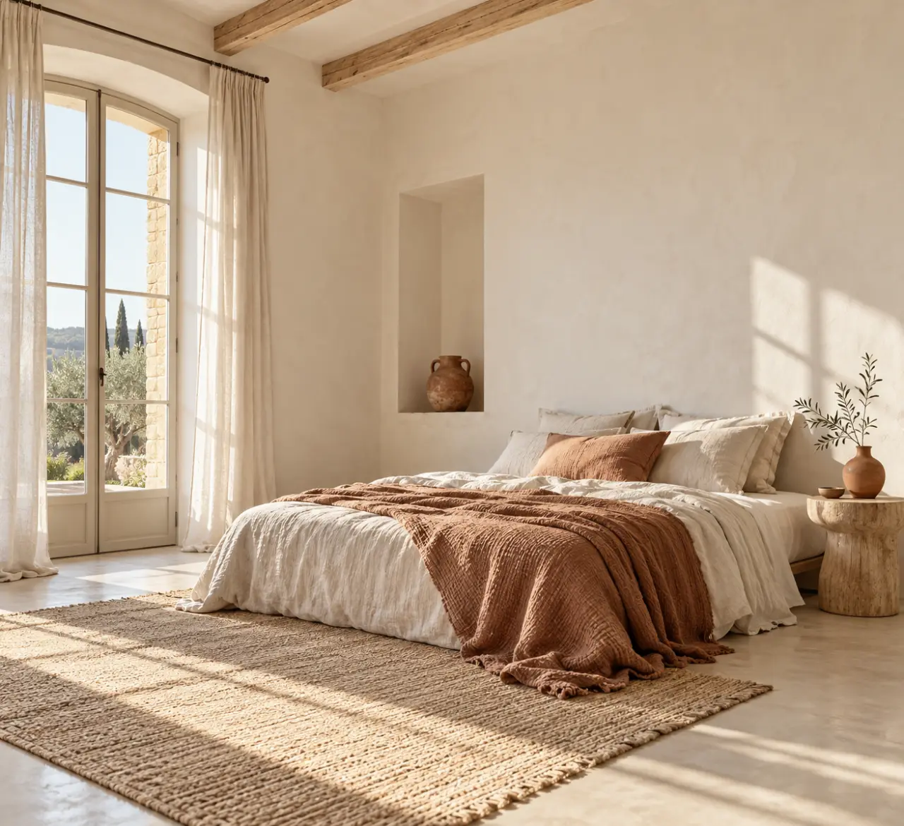 Linge de maison Vent du Sud dans une chambre aux matières naturelles et aux couleurs provençales