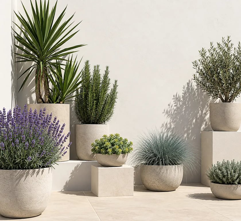 Plantes terrasse plein soleil en pots : lavande, romarin, sedum, fétuque bleue et yucca