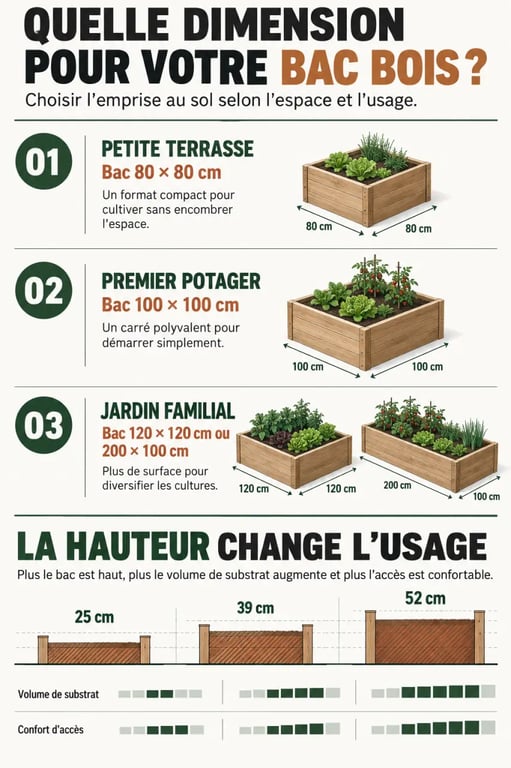 Infographie sur les dimensions d’un bac bois pour jardinage selon l’espace disponible