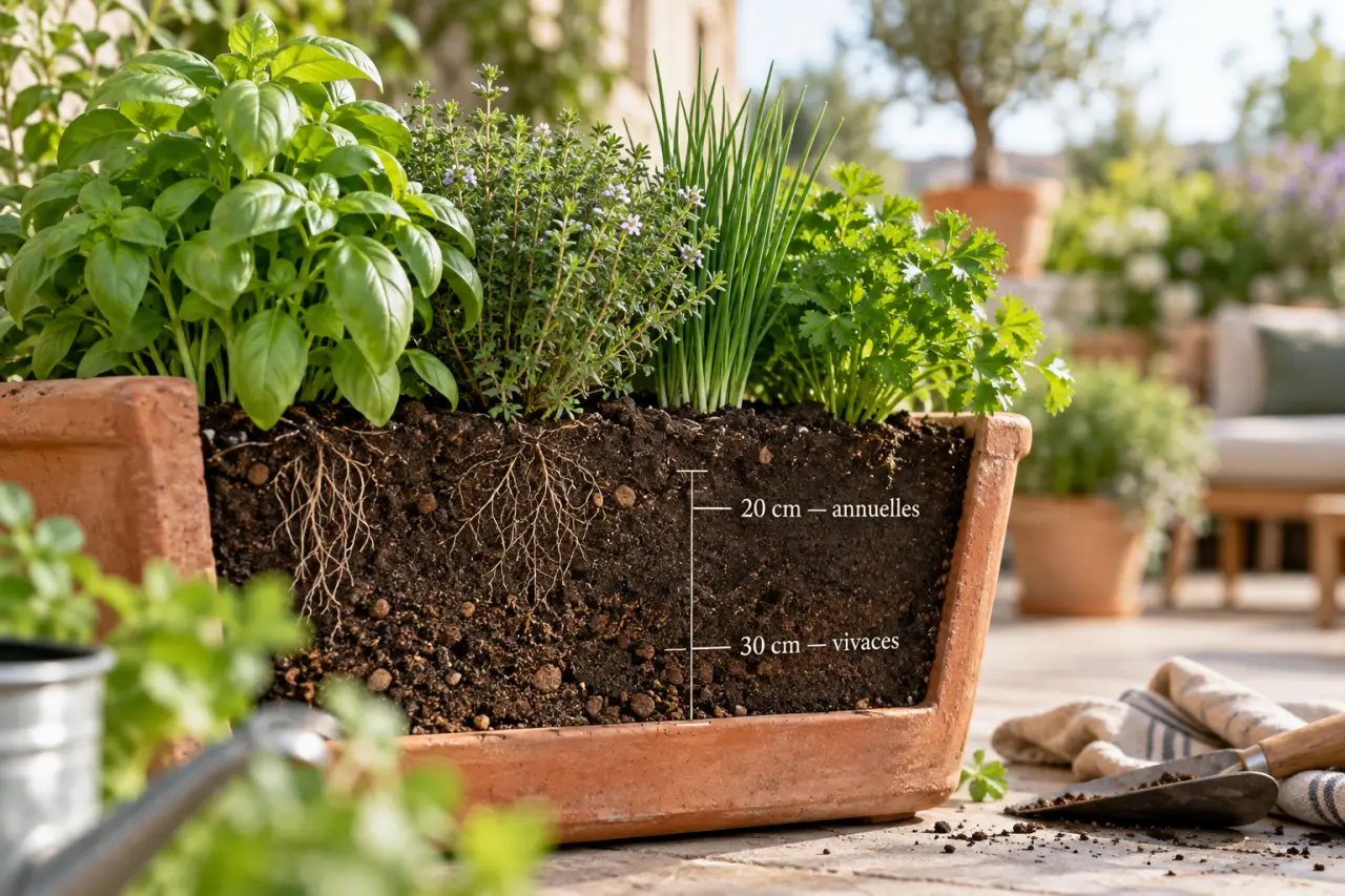 Jardinière aromatique : 20 cm pour les annuelles, 30 cm pour les vivaces
