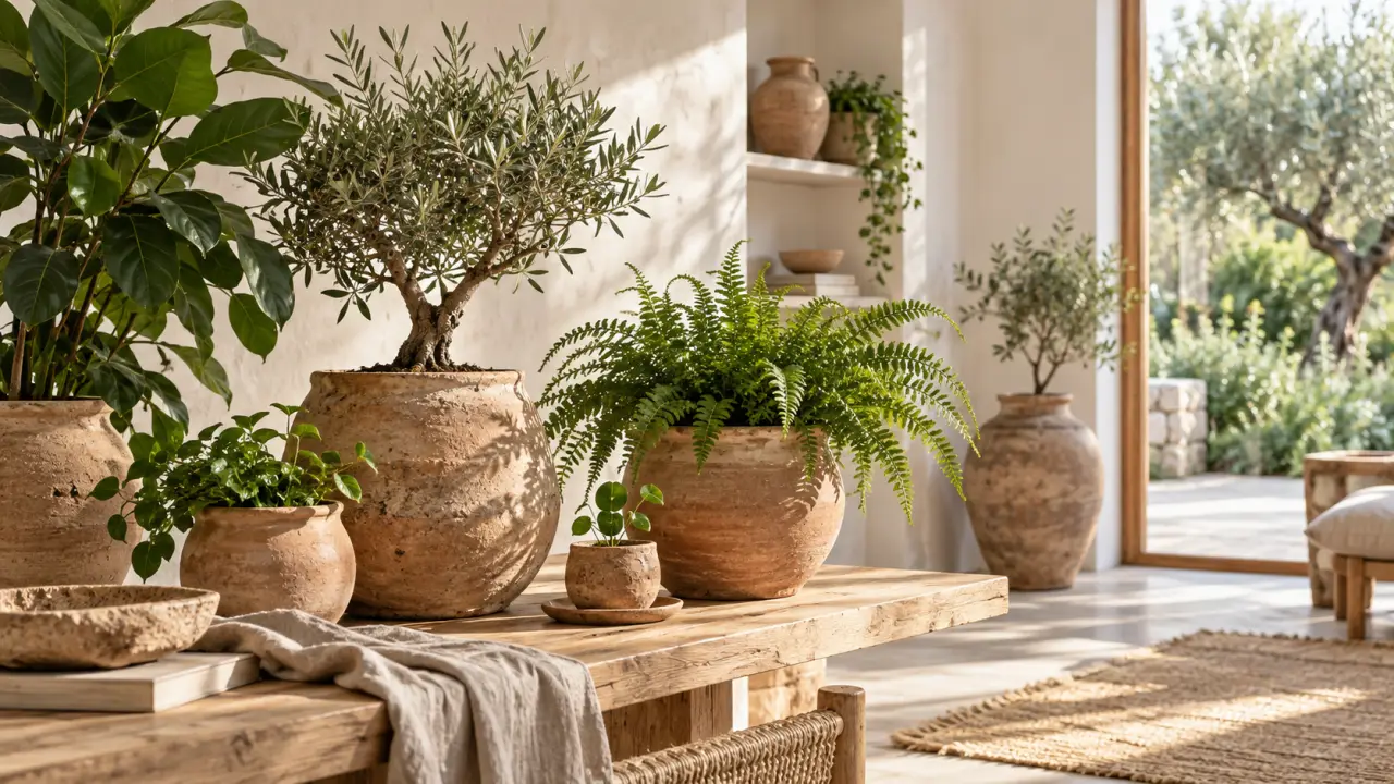 Pot en terre brute artisanal accueillant une plante verte dans un intérieur lumineux