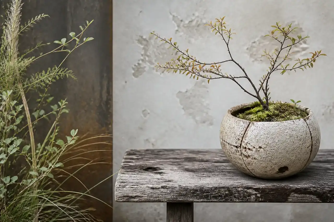 Jardin naturel avec pots artisanaux en terre cuite, végétaux libres et ambiance wabi-sabi