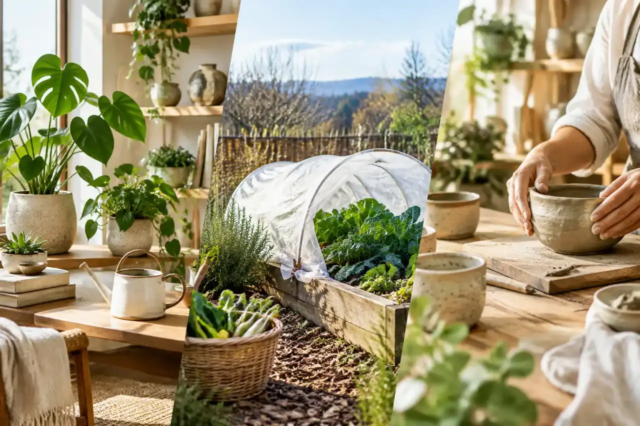 Intérieur lumineux décoré de plantes d'intérieur et de poteries artisanales