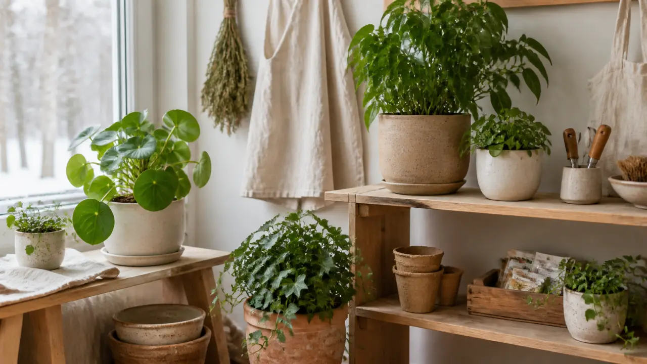 Coin plantes d’intérieur en grès, baigné de lumière hivernale