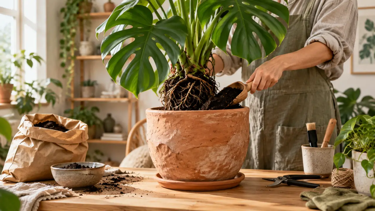 Monstera luxuriant installé dans un pot artisanal en terre cuite