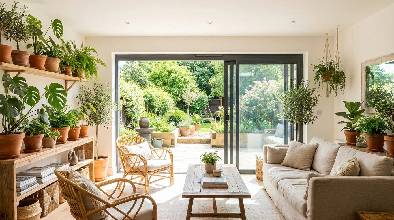 Intérieur lumineux avec plantes vertes et pots en terre cuite