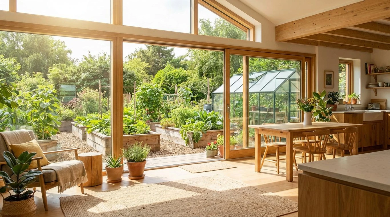 Aménagement d'un salon avec de nombreuses plantes