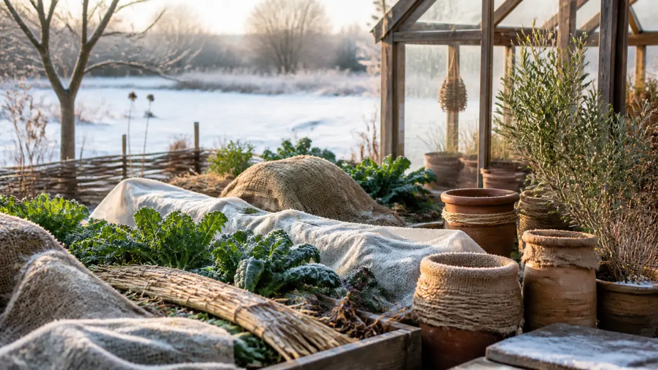 Ambiance hivernale douce avec plantes en pot, potager protégé et matériaux naturels
