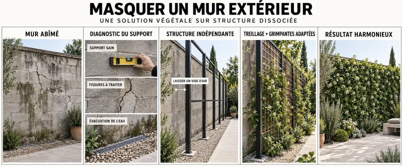 Étapes pour comment cacher un vilain mur extérieur avec un treillage et des plantes grimpantes