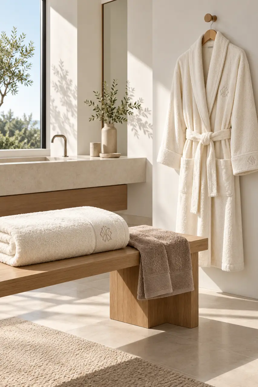 Linge de maison personnalisé avec serviettes et peignoirs brodés dans une salle de bains