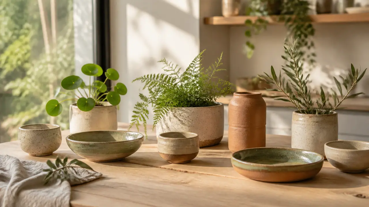 Céramiques artisanales en lumière naturelle dans un intérieur chaleureux