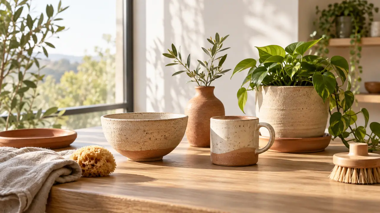 Poterie artisanale en terre cuite accueillant une plante verte dans un intérieur lumineux