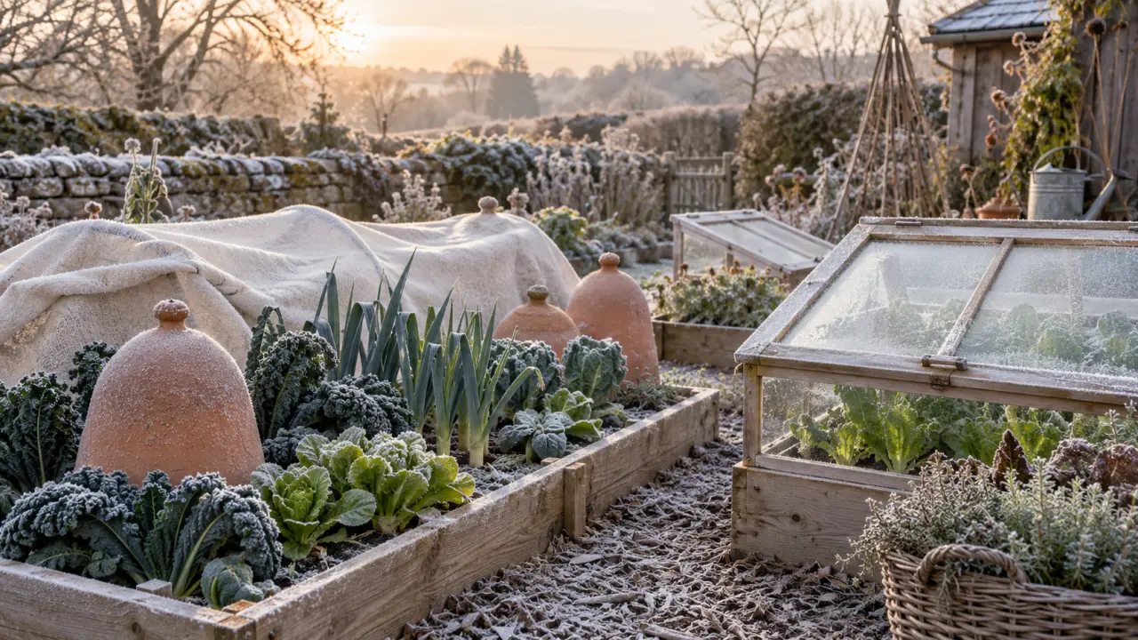 Potager protégé du froid avec du paillage et des matériaux naturels