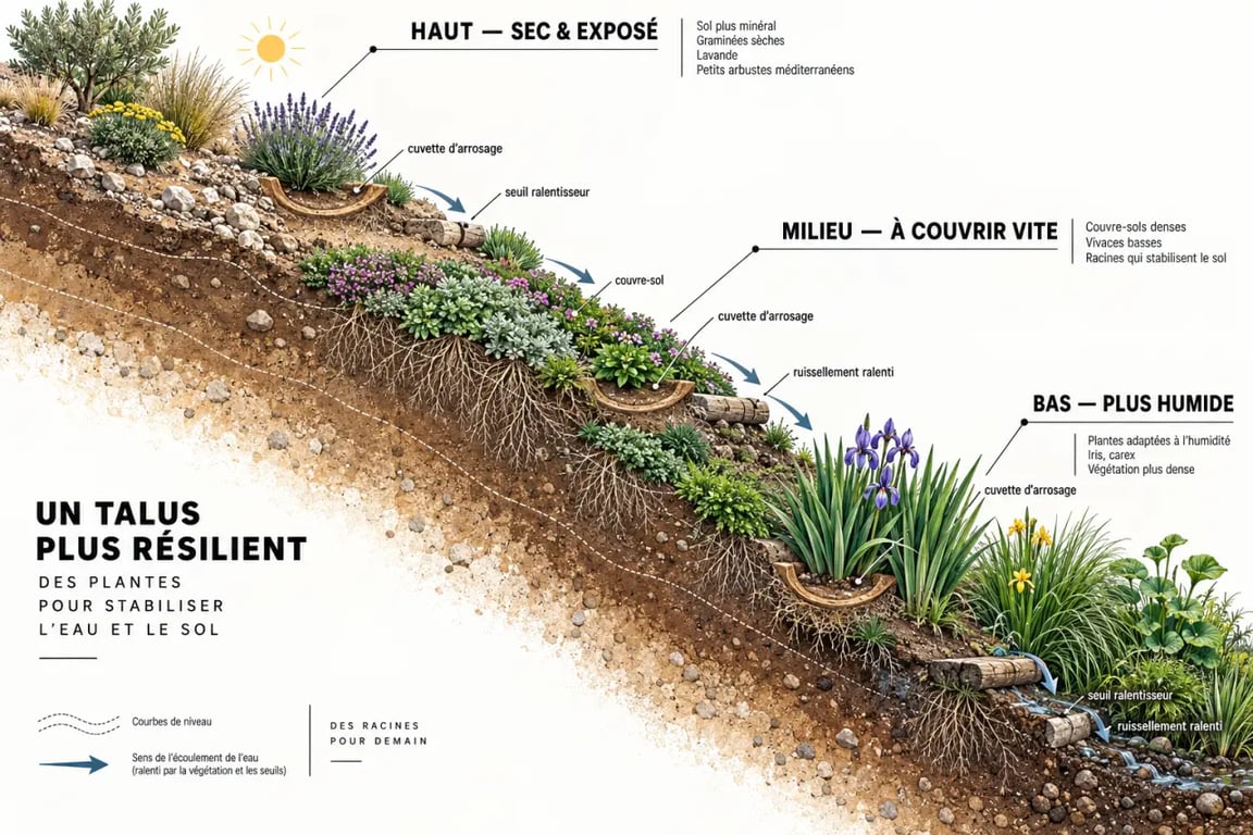 Infographie d’aménagement de talus montrant les trois zones, les courbes de niveau et le ralentissement du ruissellement