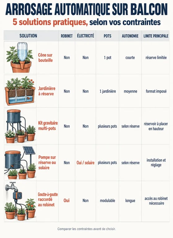 Infographie comparative des solutions d'arrosage automatique balcon
