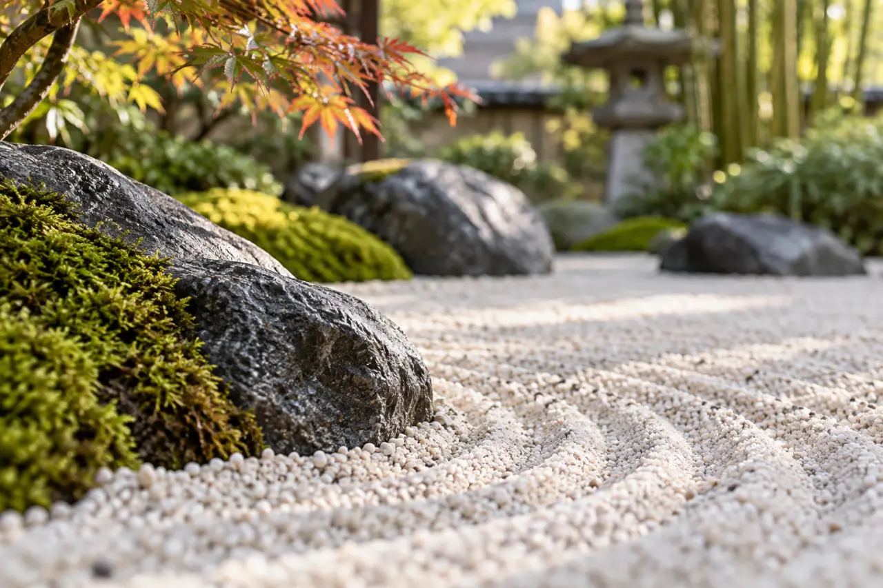 Un jardin zen réussi repose sur le gravier, les pierres et une végétation maîtrisée