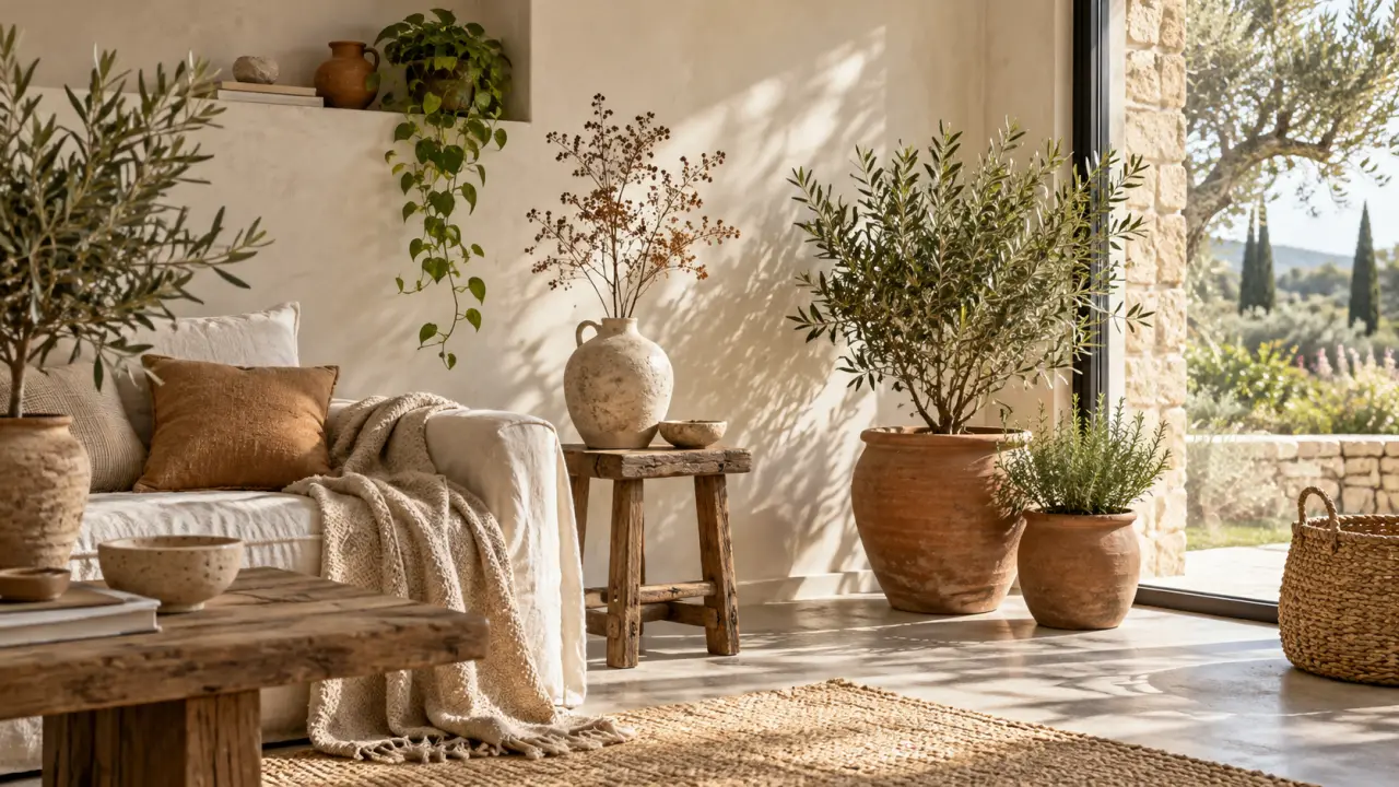 Salon lumineux décoré avec du bois, du lin, des paniers en fibres naturelles et des plantes