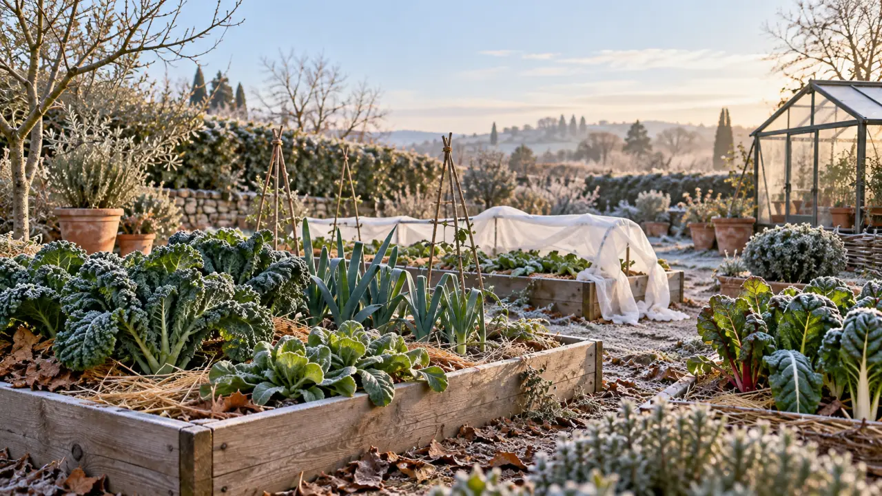Potager en hiver protégé par un paillage naturel et des voiles d'hivernage