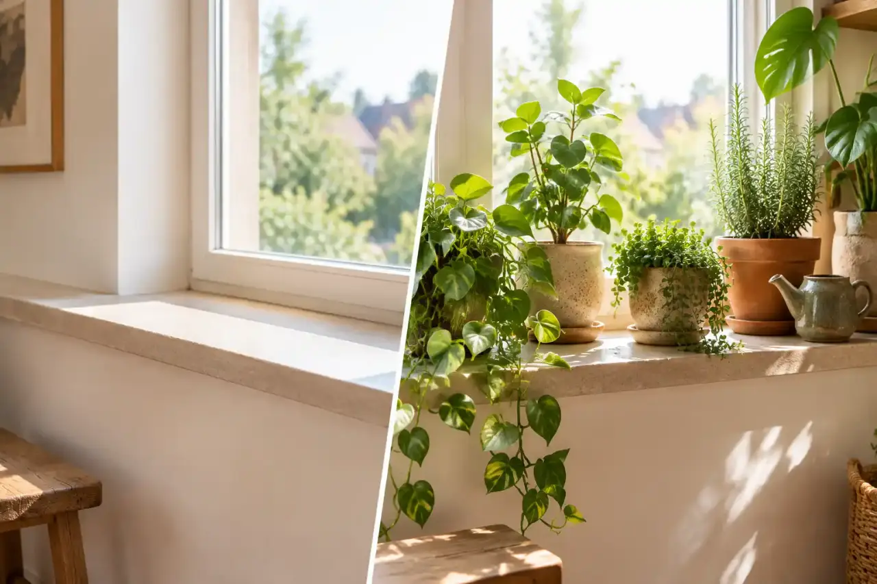 Rebord intérieur transformé en coin végétal avec plantes et poteries artisanales