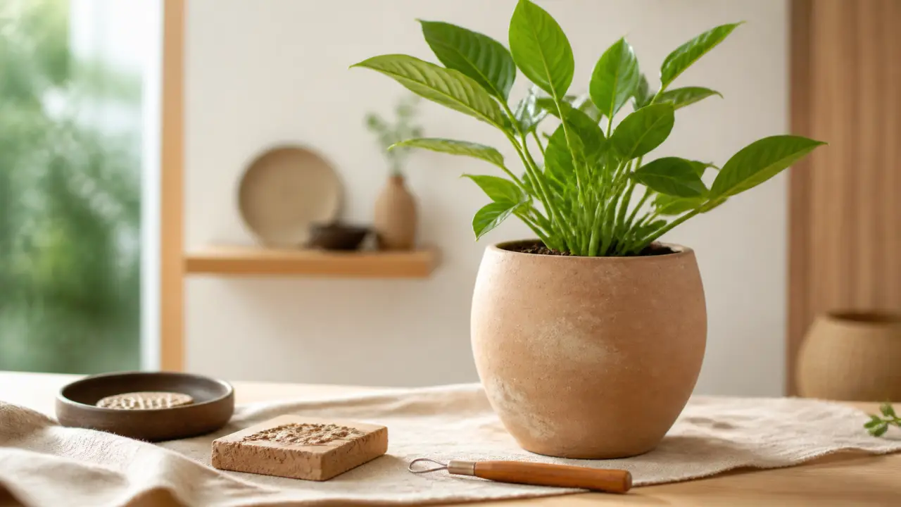 Plantes d'intérieur dans des pots artisanaux en terre cuite, dans un salon lumineux