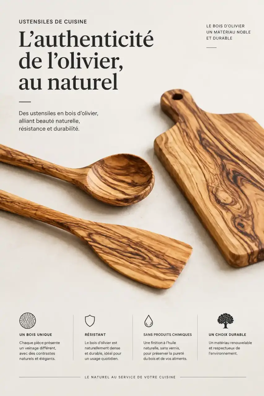 Ustensiles de cuisine en bois d'olivier : cuillère, spatule et planche au veinage unique, finition huilée naturelle