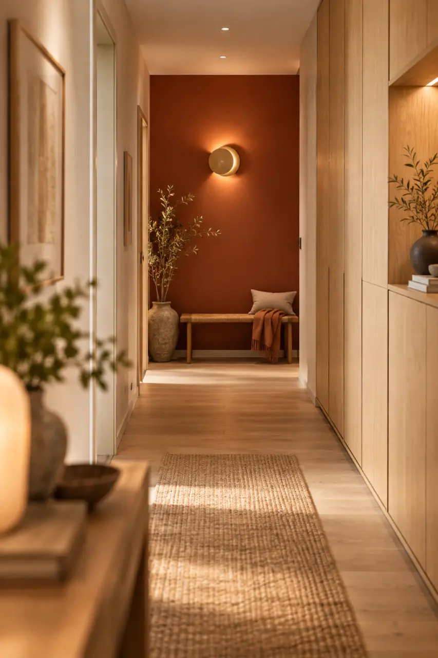Idée déco pour un couloir long : raccourcir la perspective avec le mur du fond, la lumière et le rangement