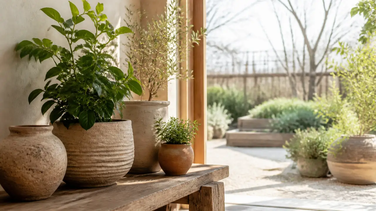 Intérieur lumineux avec plantes vertes et poteries en grès texturé dans une ambiance wabi-sabi