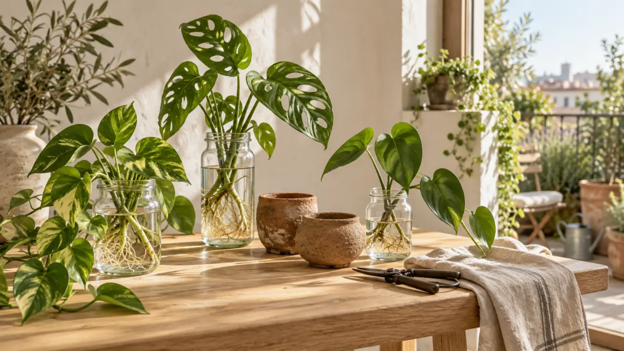 Intérieur lumineux décoré de boutures dans des contenants en terre cuite et en verre