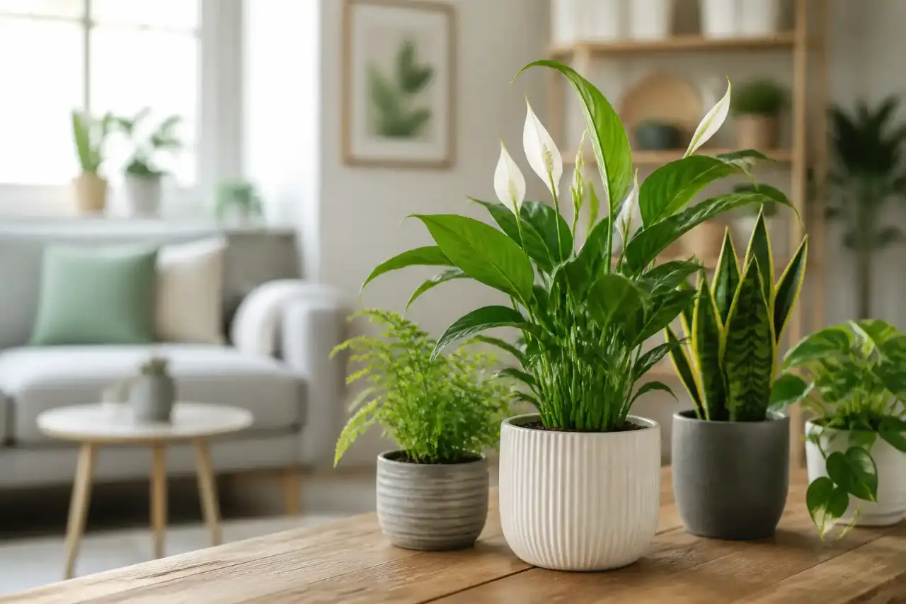 Salon lumineux décoré de plantes vertes en pots artisanaux de terre cuite