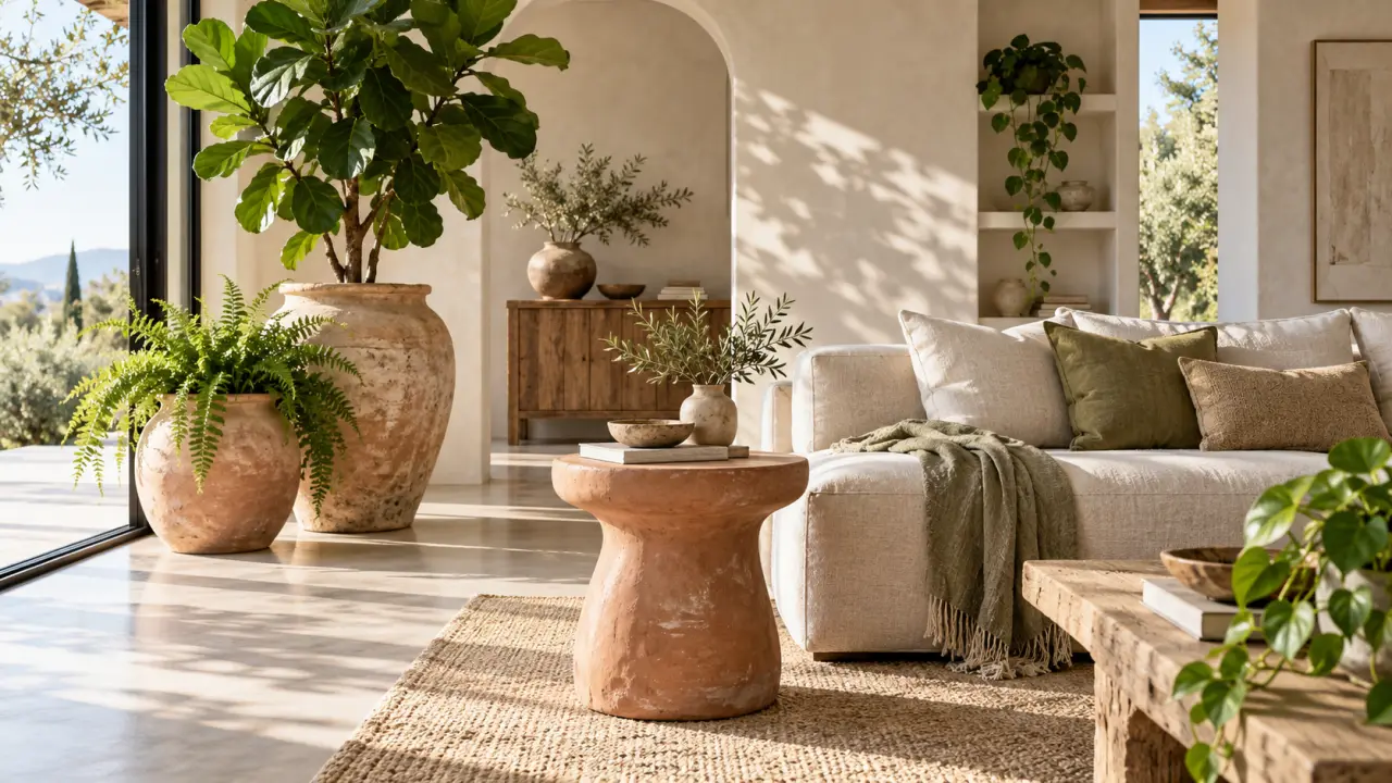 Salon lumineux décoré avec des poteries en argile, du mobilier en bois et des plantes vertes