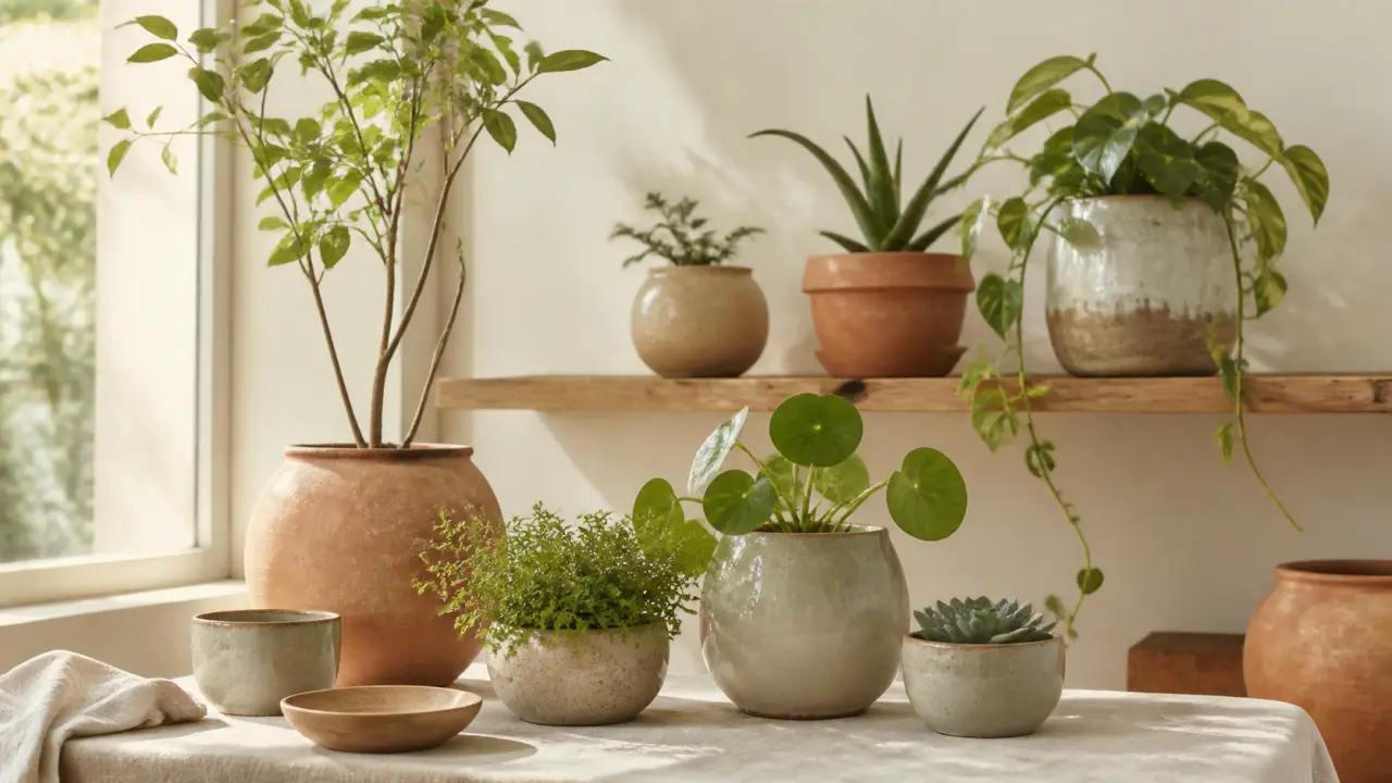 Plantes d’intérieur dans des pots en terre cuite et en grès, dans une pièce lumineuse