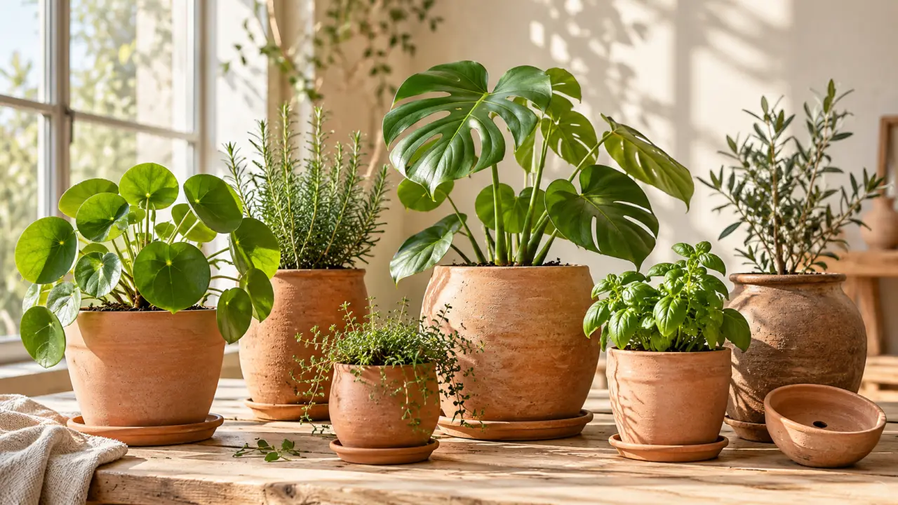 Plante verte installée dans un pot en terre cuite artisanal, dans un intérieur lumineux