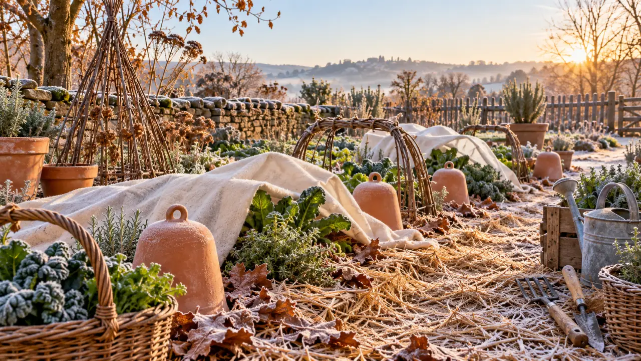 Potager d'hiver protégé naturellement contre le gel avec du paillage et des voiles en fibres végétales