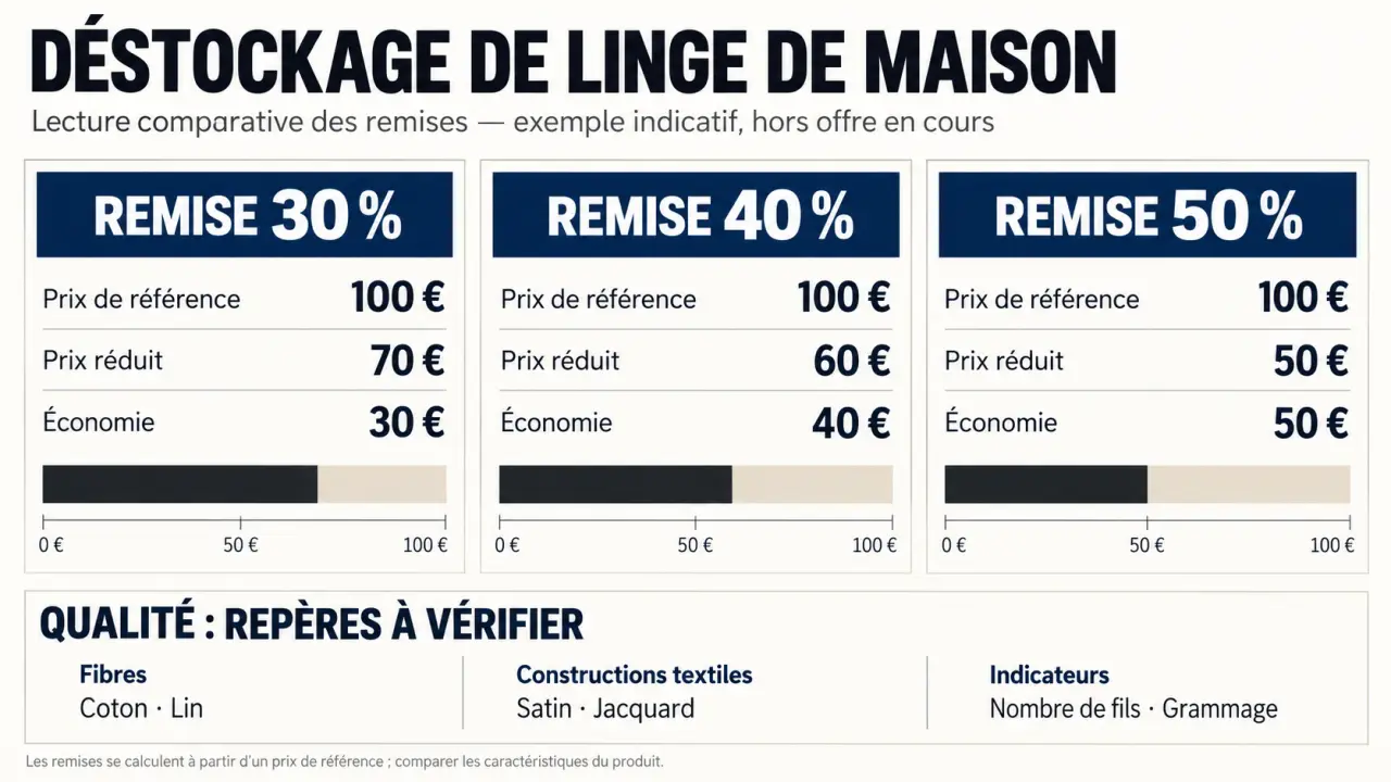 Infographie sur le déstockage de linge de maison de luxe, les remises et les matières textiles